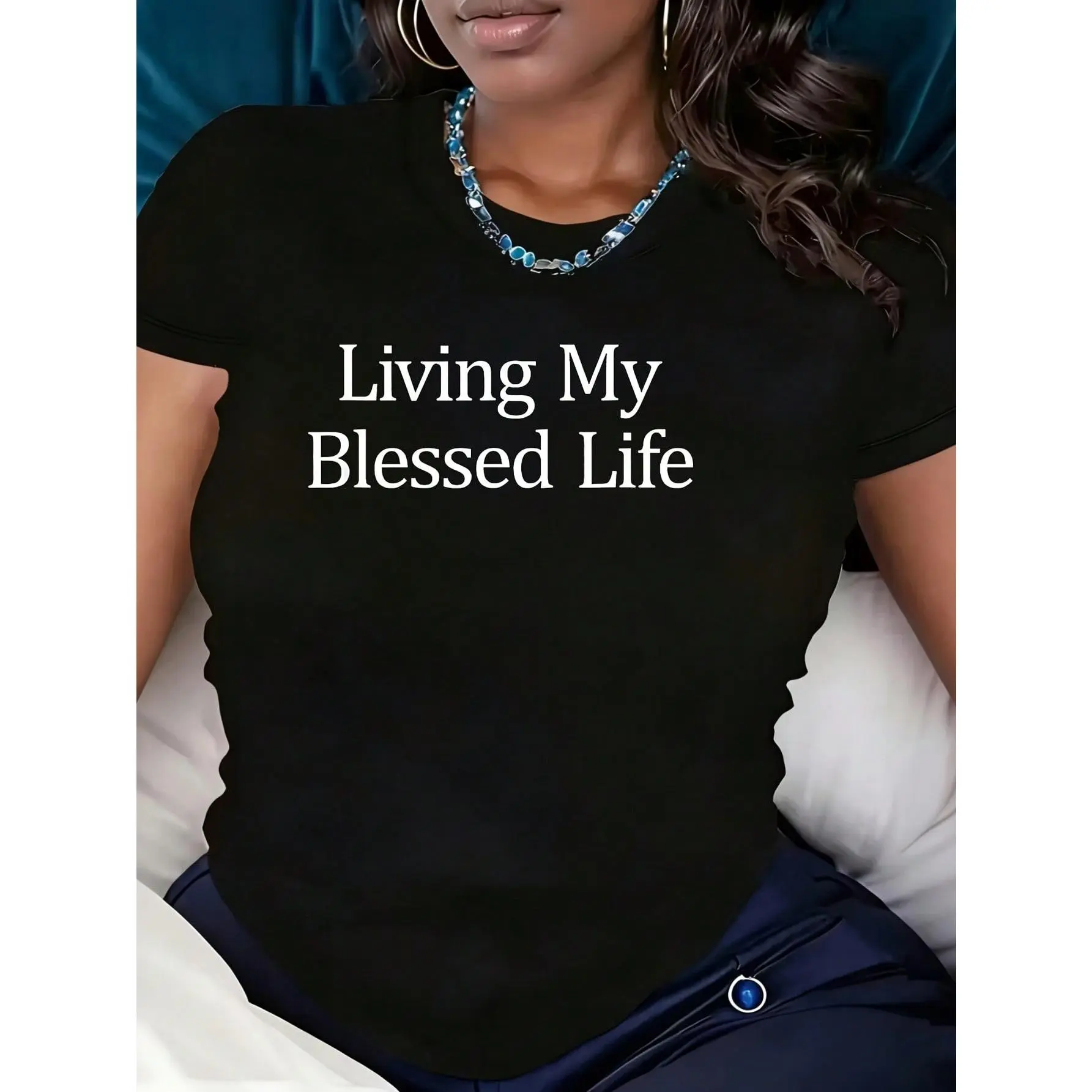 Living My Life 1 Pcs Tee 220g Women's Plus Size T-Shirt Novelty Crew Neck Top Shirt Casual Funny Oversized Graphic Short Sleeve100% Polyester