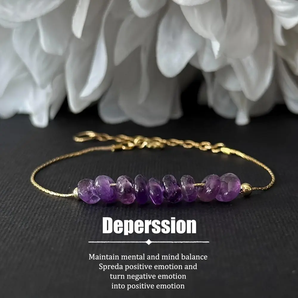 Amethyst Anxiety Relief Bracelet, February Birthstone Calming Jewelry, Adjustable Golden Chain Bracelet