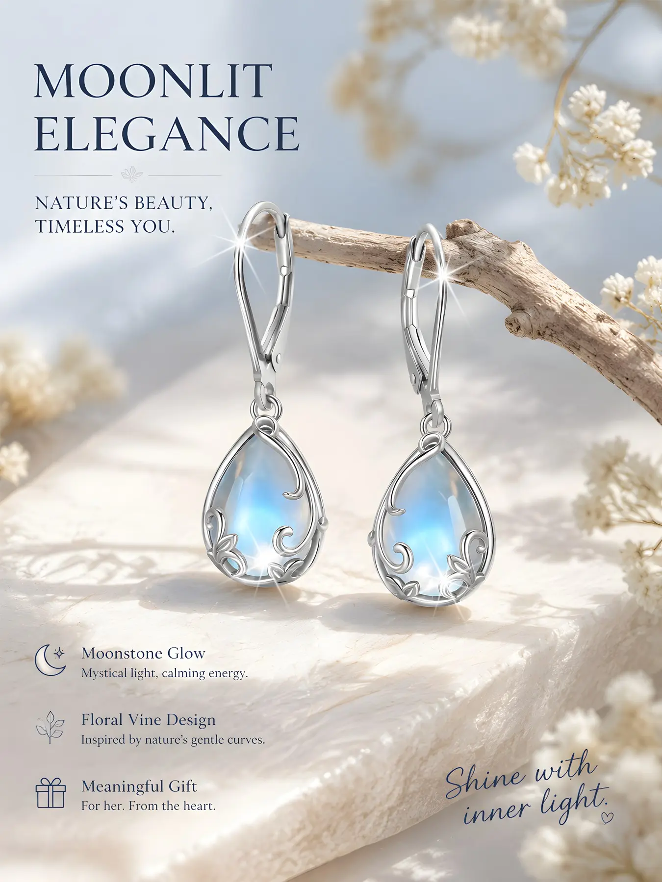 Elegant S925 Silver Moonstone Earrings, Dainty Earrings, Hypoallergenic Floral Pendant Studs, Fashion Jewelry for Women, Perfect Gift for Friends