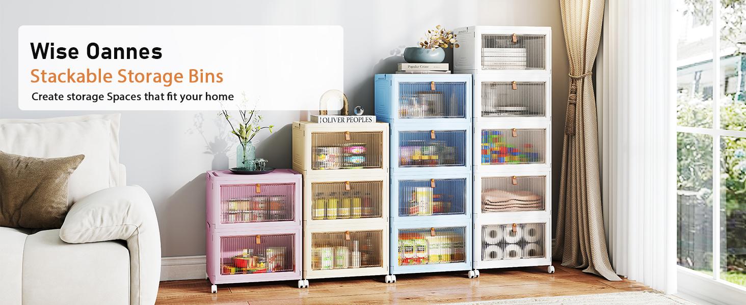 4 Tier Stackable Plastic Storage Bins with Lid and Wheels - 23 QT Closet Organizers and Storage, Foldable Storage Containers, Organization and Storage Boxes for Craft, Home, Pantry, Dorm, Grey