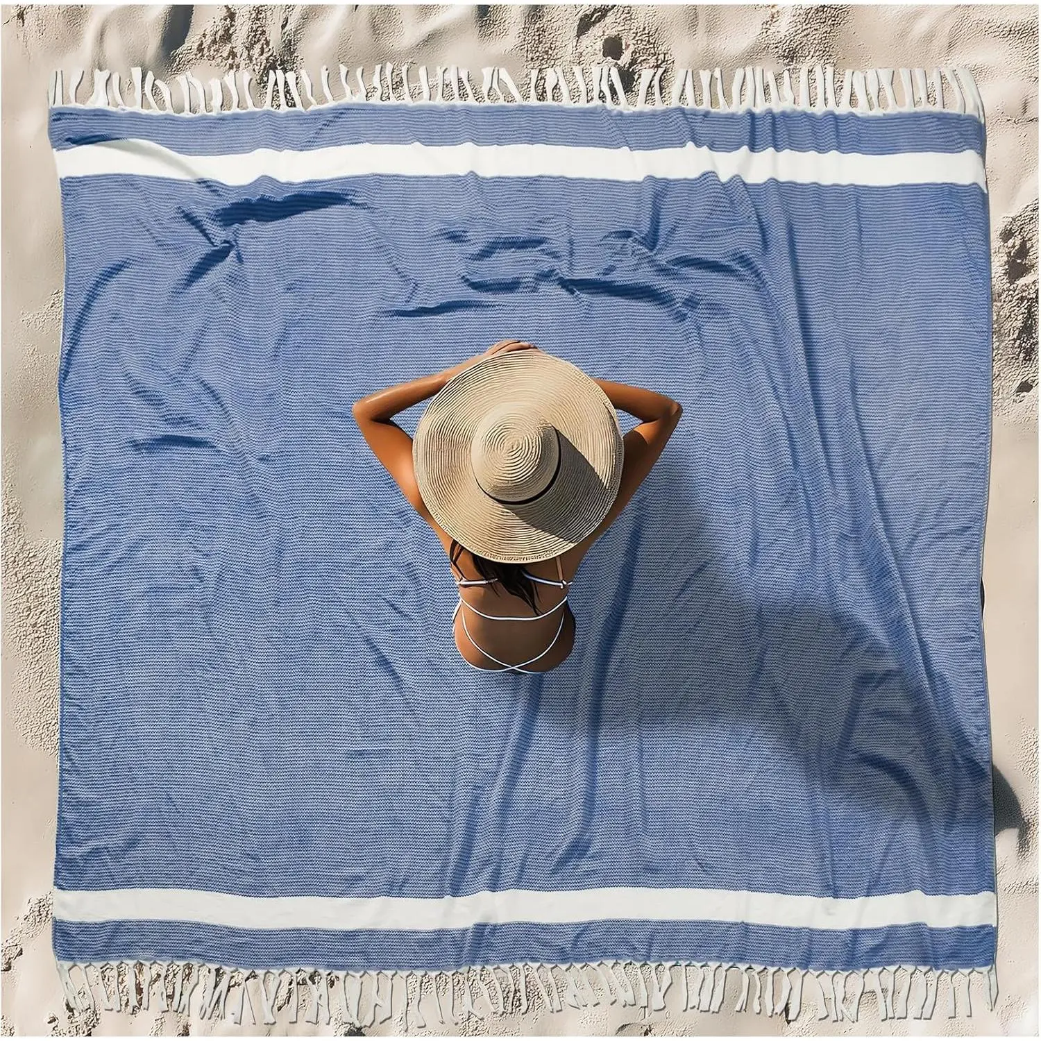 Oversized Turkish Beach Towel Blanket, XXL Cotton Sandproof Boho Woven, Extra Large Sand Free Giant Throw Blanket Huge Quilt, Perfect for Picnic Camping Necessities, Cloud Design Adult Gifts, Blue