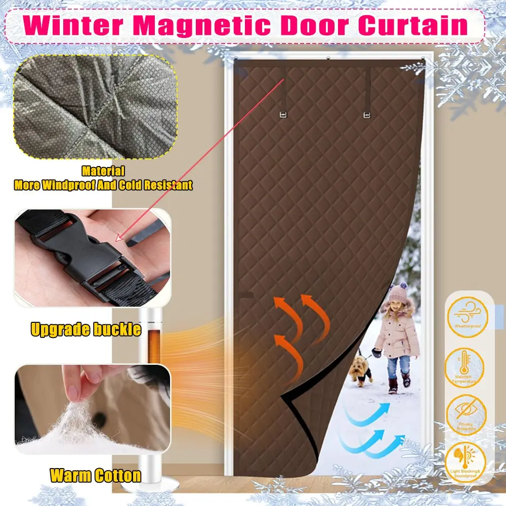 Winter Magnetic Thermal Insulated Door Curtain, Thick Warm Cotton, Windproof Privacy, Light Blocking, Cold Protection for Home Garage Shop