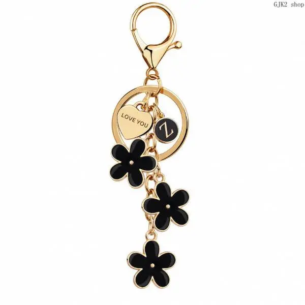 Minimalist Double-Sided Enamel 26-Letter Round Keychain, Black Floral Tassel Initial Bag Charm, Collectible Gift Idea