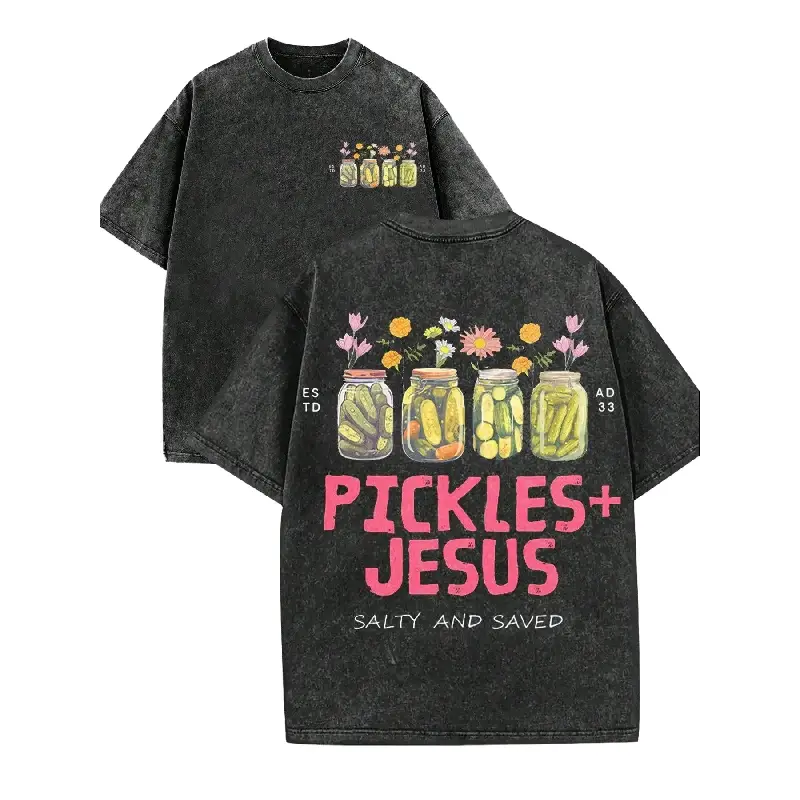 Cute Retro Vintage Pattern T-Shirt, Pickled Cucumber Glass Jar With Flower Pattern T-Shirt, "PICKLES+JESUS", "SALTY AND SAVED" Christian "Redeemed" Faith Dressing T-Shirt... Retro Loose T-Shirt, Round Neck Menswear Distressed Tshirt fathersdaygift