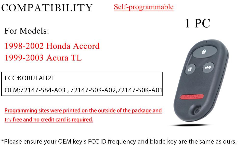 Keyless Remote Car Key Fob Replacement for Honda Accord Acura TL KOBUTAH2T 1998 1999 2000 2001 2002 2003 72147-S0K-A02 72147-S84-A03 4 Button 1 Pack