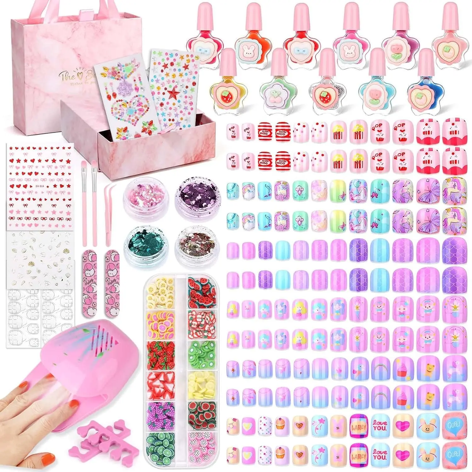 Kids Nails and Nail Polish for Girls, 144 Mini Press On for Kids, 12 Non-Toxic Nail Polish, Dryer, Gems Stickers, Cute Nail Stuff Gift for Girls Age 8-12Gift.