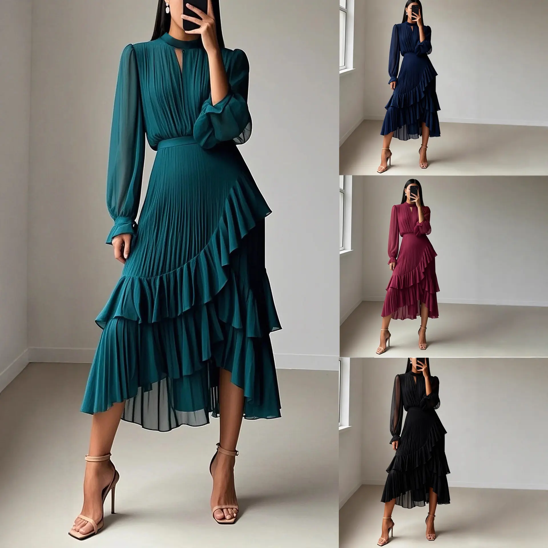 Women’s Pleated Ruffle Midi Dress, Long Sleeve Mock Neck A-Line Cocktail Dress, Solid Color Asymmetrical Hem Elegant Party Wedding Guest Dress