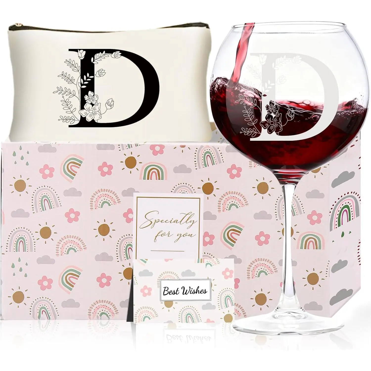Monogrammed  Glasses with Makeup Bag Birthday  Set for women | Personalized letter design  Christmas Wedding White Elephant Gifts for Mom Dad Sister Teacher Wife Husband,D