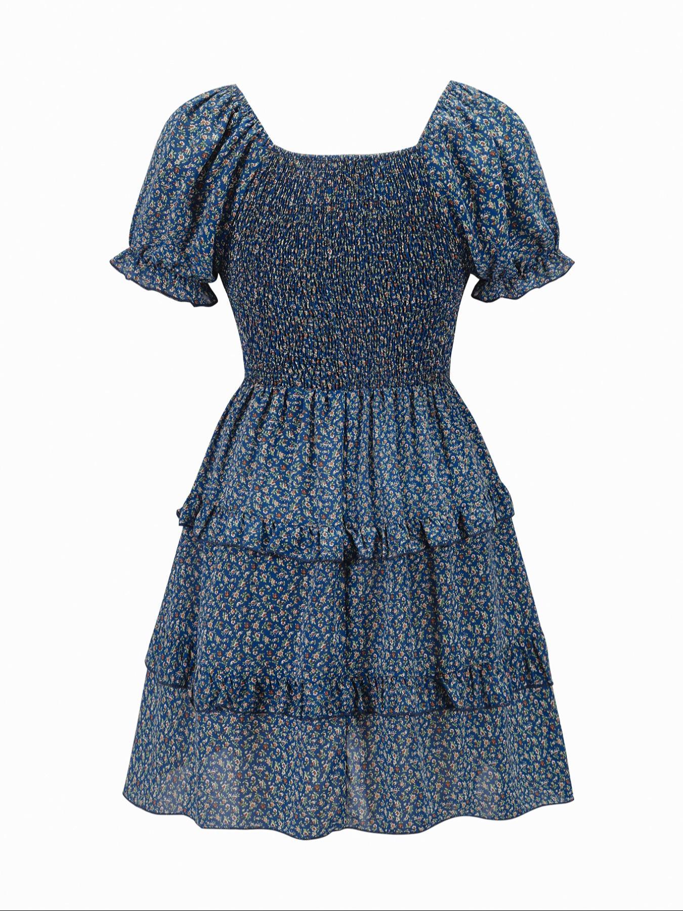 【Plus Size】 Floral Print Frill Trim A Line Dress, Boho Puff Sleeve Shirred Dress for Beach Holiday Vacation, Women's Casual Clothes for Summer