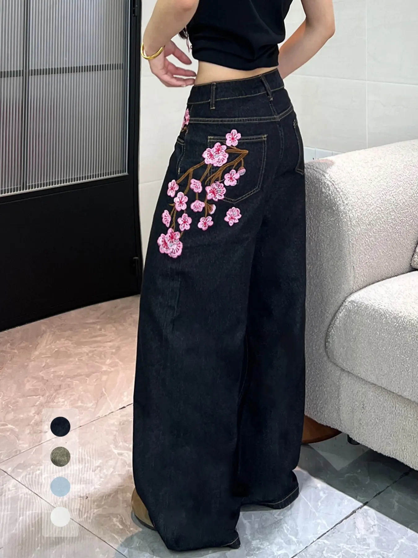 Women's High-Waisted Jeans, Embroidered Denim Jeans, Fashion Floral Embroidery, Loose-Fit Wide Leg Pants, All-Season Versatile Long Trousers, Denim Bottoms, Loose Cut Jeans, Multiple Colors Available