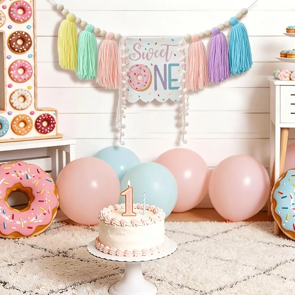 Sweet One High Chair Banner, Donut Theme First Birthday Decoration, Macaron Fringe Wooden Bead Hanging Decor, Photo Props, 1st Birthday Party Supplies