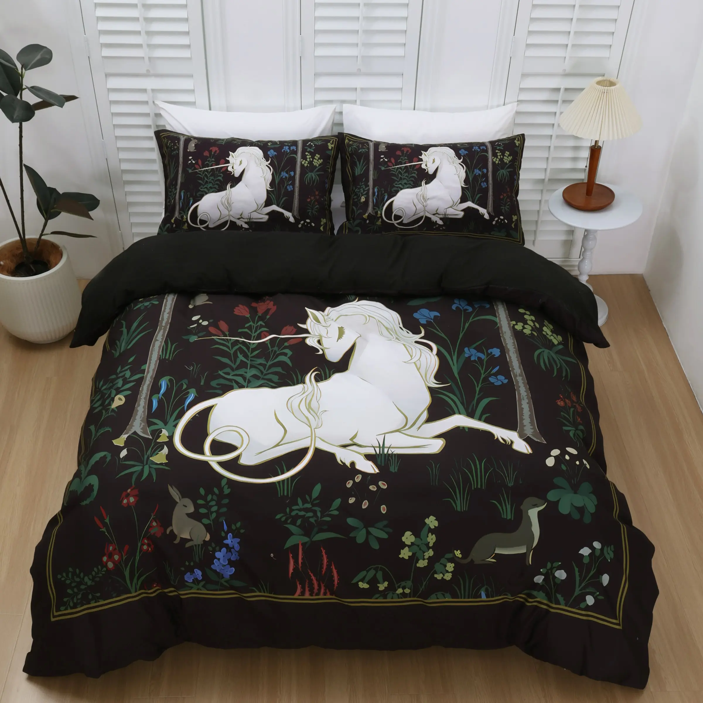 Unicorn Digital Print Bedding Set, 3-Piece Forest Style, Zipper Closure, 100% Polyester, Includes 1 Duvet Cover & 2 Pillowcases
