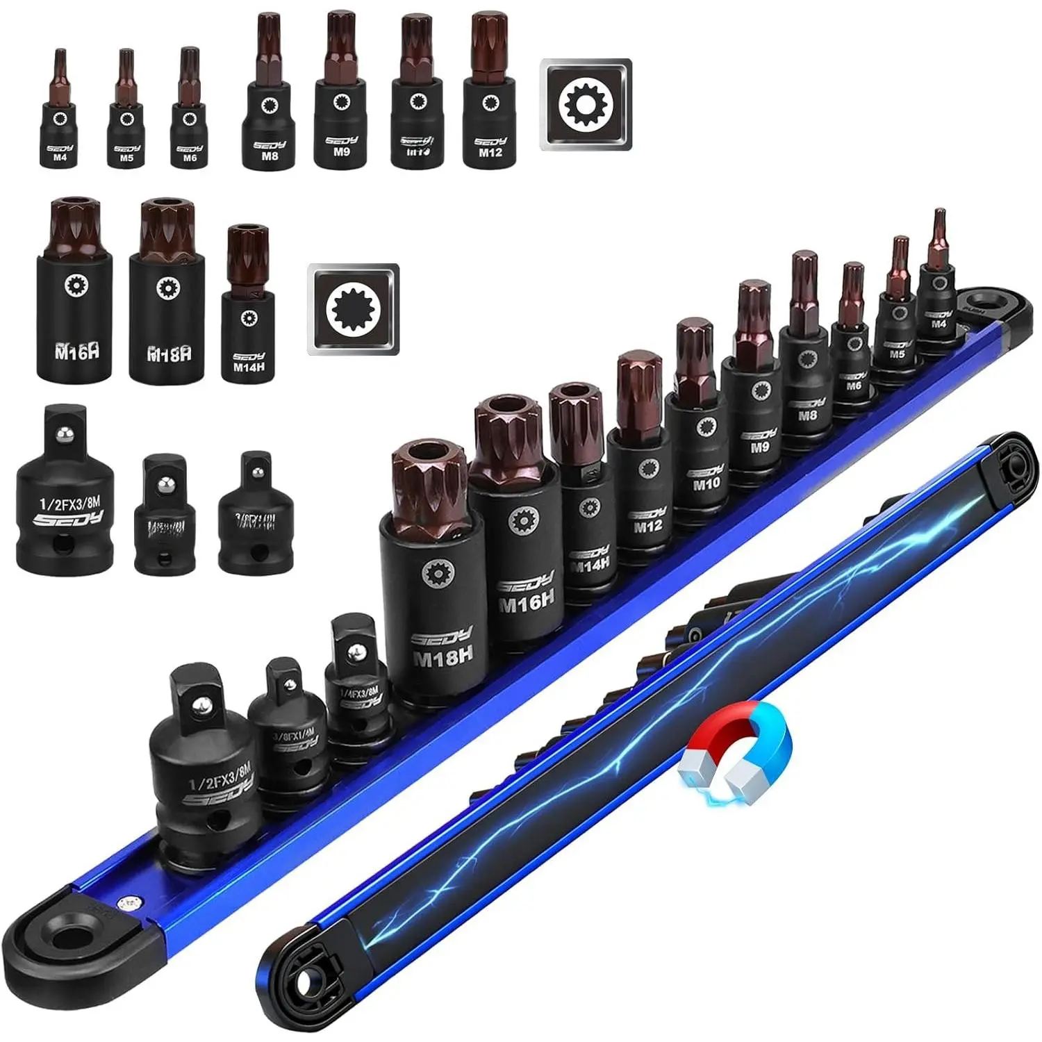 Triple-Square Spline Bit Socket Set: 13- Socket Set with  Socket Rail Organizer, 1/4,3/8,1/2-inch Drive M4-M18 12 Point Bit Socket Set for Garages Workshops