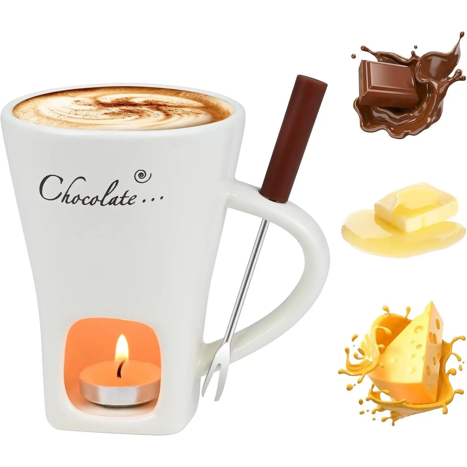 Sweet Fondue Cup Set, Chocolate Fondue Mug with 1 Fork and 4 Candles, Personal Ceramic Chocolate Melting Cup, Chocolate Fondue Cup, Ideal Gifts for Date Night, Birthday, Wedding (White)