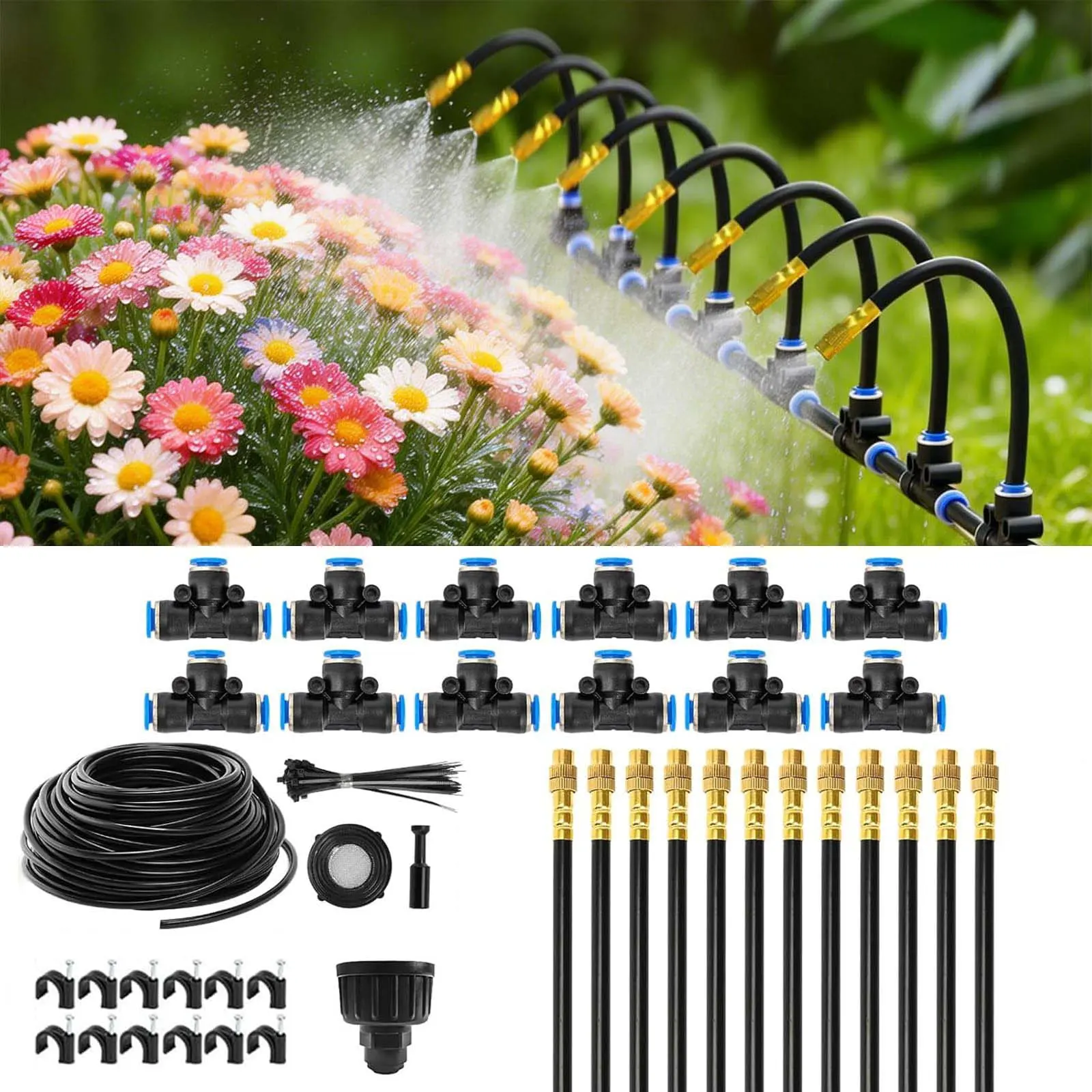 50Ft 1/4" Drip Irrigation System, Upgrade Garden Irrigation Kit with 12pcs Adjustable Copper Nozzles,Automatic Atomizing Watering Sprinkler System for Outdoor,Raisedbed,Lawn,Greenhouse