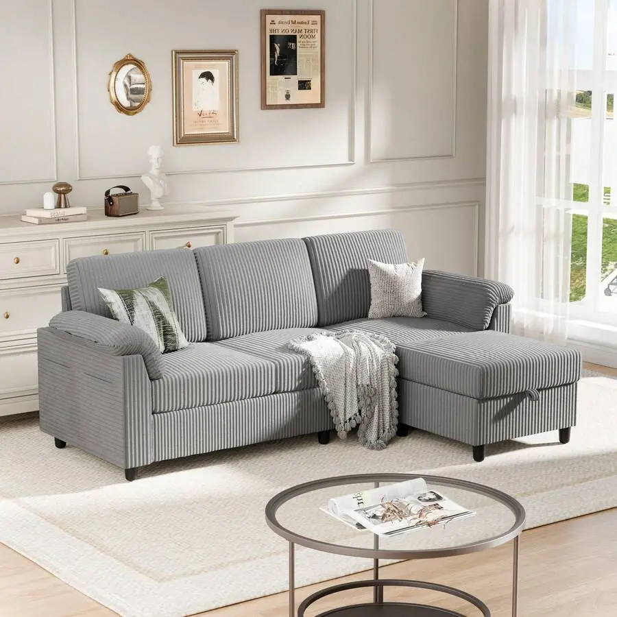 Convertible L-Shaped 3-Seat Corner Sectional Sofa with Removable Linen Pillows - Mini Sofa Living Room Furniture for Bedroom, Apartment, Corner Sectional Living Room Furniture