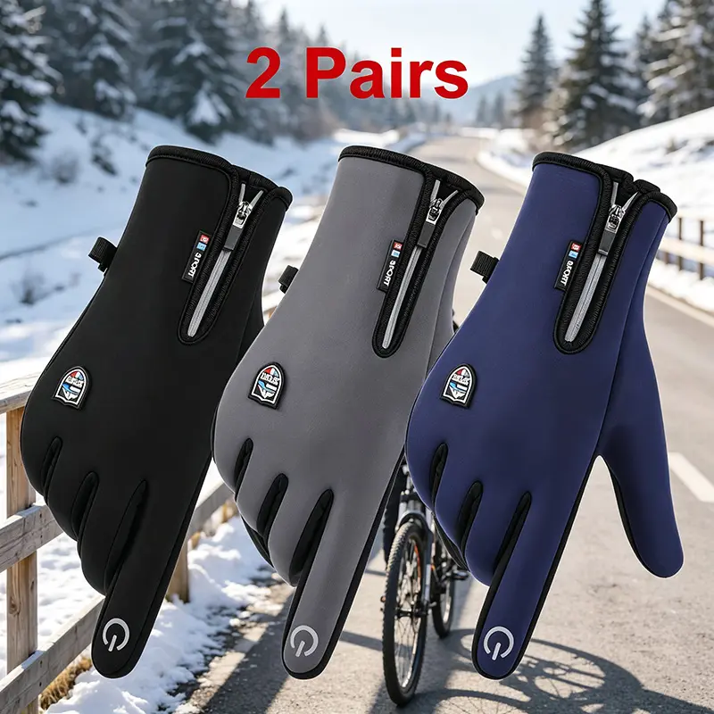 2‑Pairs Unisex Winter Windproof Touchscreen Gloves, Fleece Lined Non‑Slip Silicone Palm Gloves With Side Zipper for Cycling Skiing Outdoor Sports