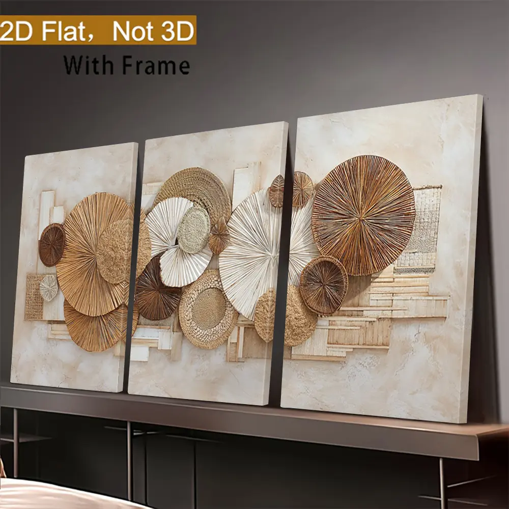 Bohemian Style 3-Piece Flat 2D Textured Round Picture Frames - Natural Tone Earthy Canvas Print, Vertical Circular Pattern, Indoor Use for Living Room, Bedroom - Modern Hanging Vertical Wall Decor, Multi-Size