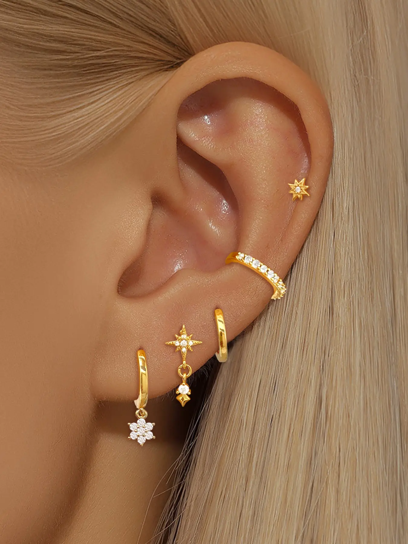 5Pcs Gold Plated Earrings Set Women Dainty Cubic Zirconia Stud Flower Drop Hoop Earrings Stack Set Piercing Jewelry Earrings Studs Earring Stacks