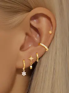 5Pcs Gold Plated Earrings Set Women Dainty Cubic Zirconia Stud Flower Drop Hoop Earrings Stack Set Piercing Jewelry Earrings Studs Earring Stacks