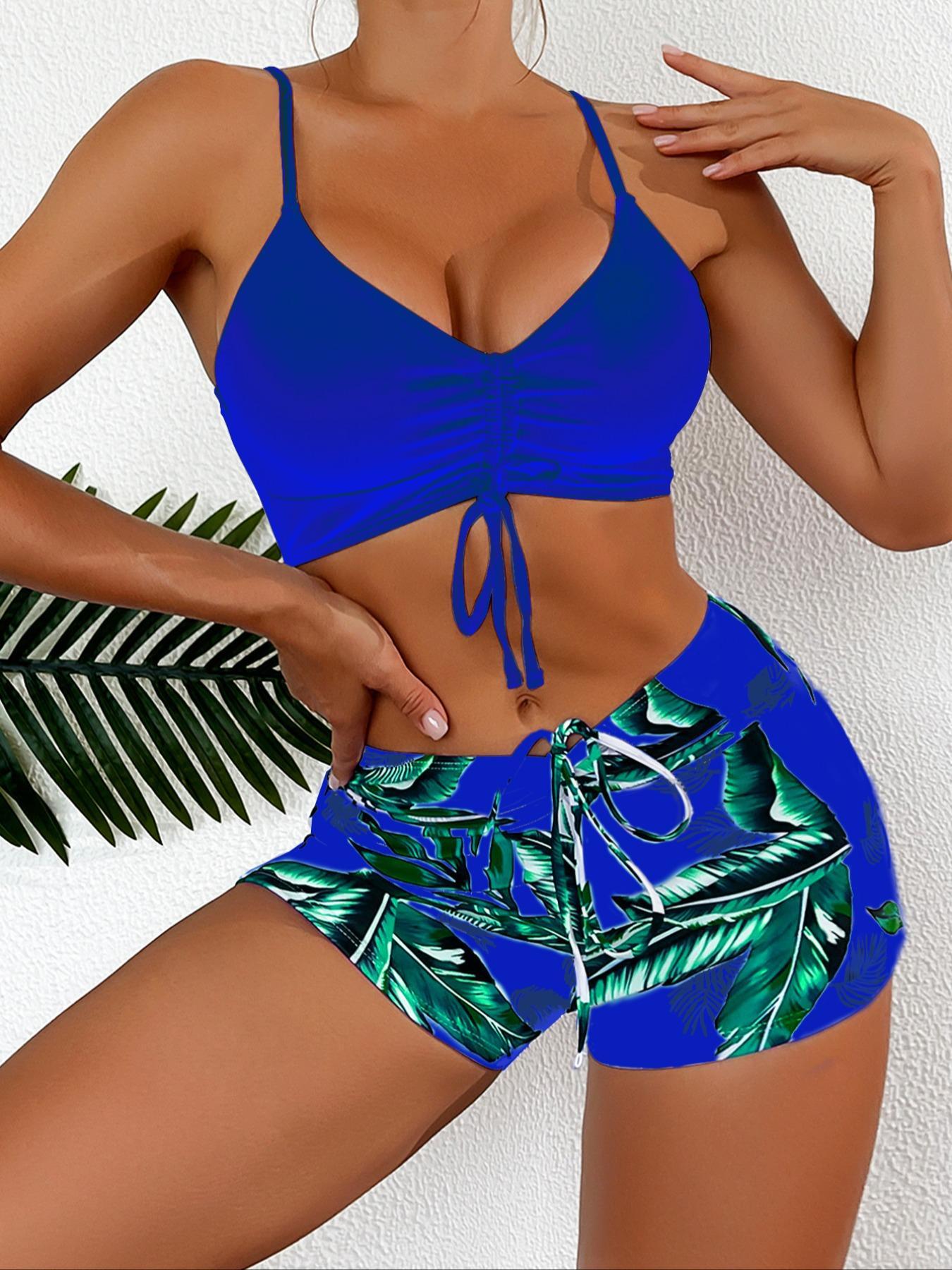 2 Piece Set Women's Drawstring Ruched Bikini Set, Casual Adjustable Strap Swim Top & Tropical Print Leaf Print Swim Shorts, Ladies Bikinis for Summer, Summer Beach Bikini, High Stretch