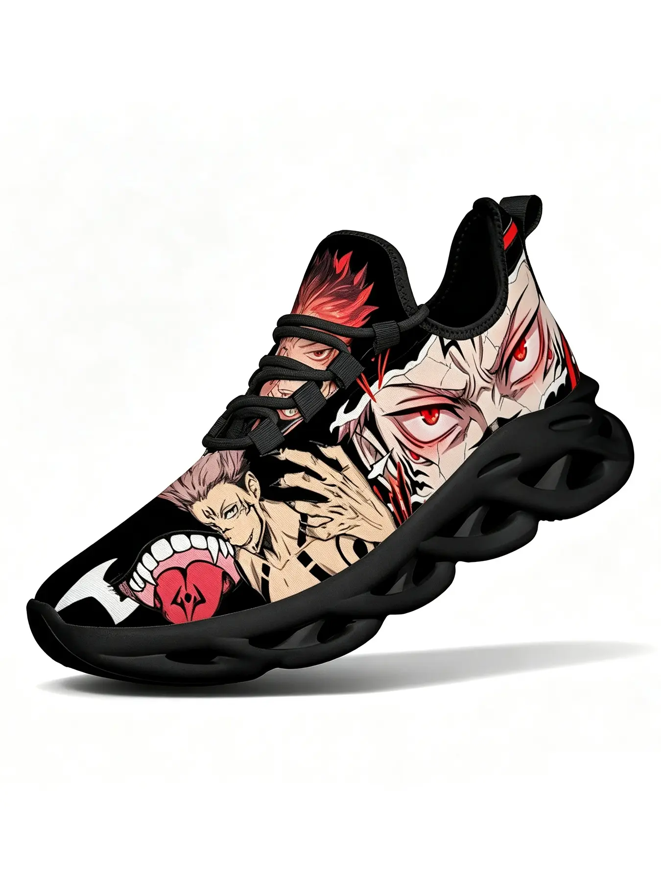 New Hot Men'S Lace Up Comfortable Running Shoes Personality Ryomen Sukuna 3D Print Design Personalized Black White Cushion Sneakers Popular Youth Unisex Anti Slip Wear Resistant Versatile For Daily Outings Light Sports Shoes Birthday Gift