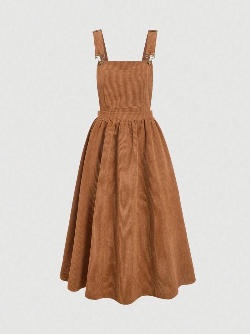 Women's Solid Ribbed Overalls Dress, Casual Sleeveless Square Neck A Line Dress for Spring & Fall, Women's Clothing for Daily Wear