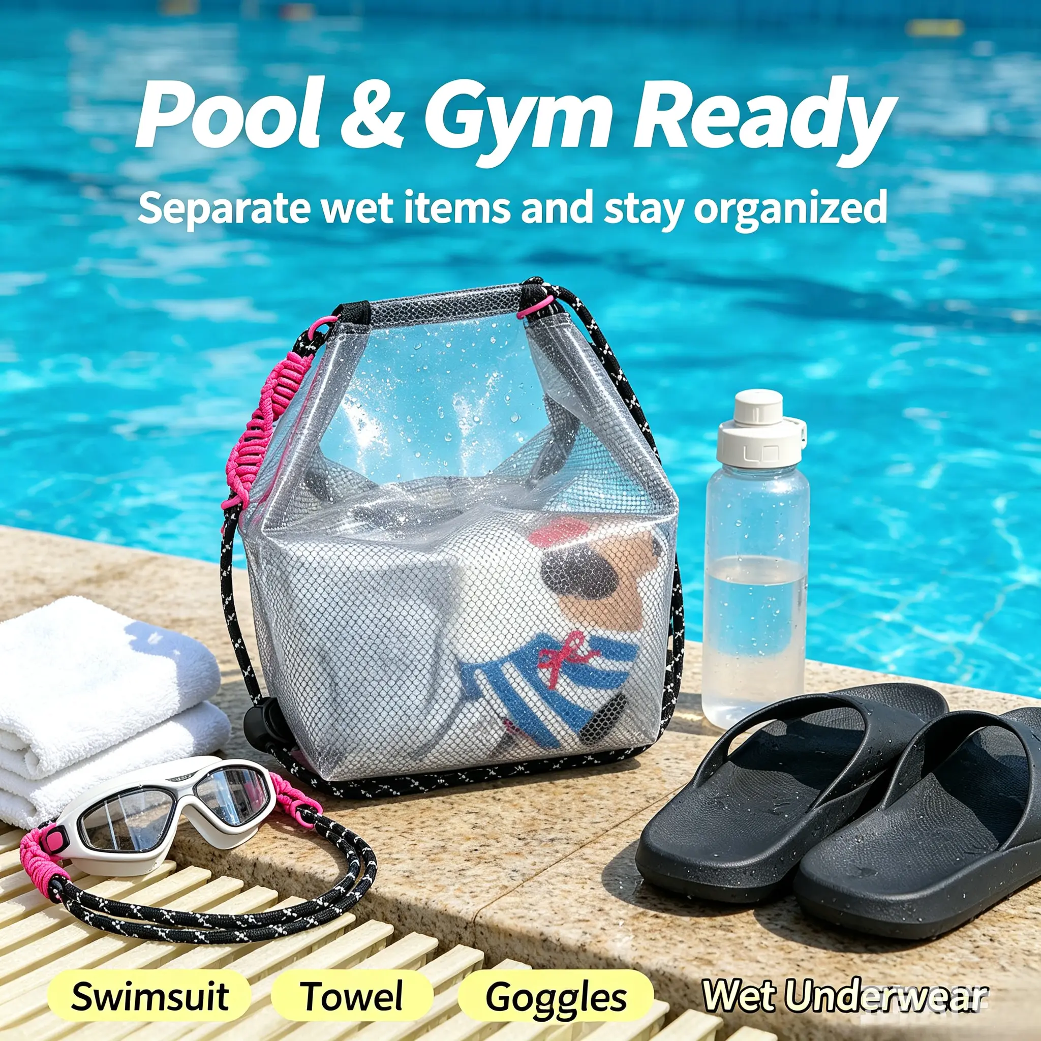 Waterproof swimming bag - dry and wet compartments. Fitness bag with large capacity. Beach handbag for outdoor use. Portable toiletry bag. Makeup bag. set collapsible