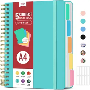 Hardcover Spiral A4 College Ruled Journal Notebook, 8.5"x11" 5 Subject Notebook With Removable Dividers & Tabs, 280 Pages Lined Notebook for Work Note Taking Writing Organizer for Women, Aquamarine
