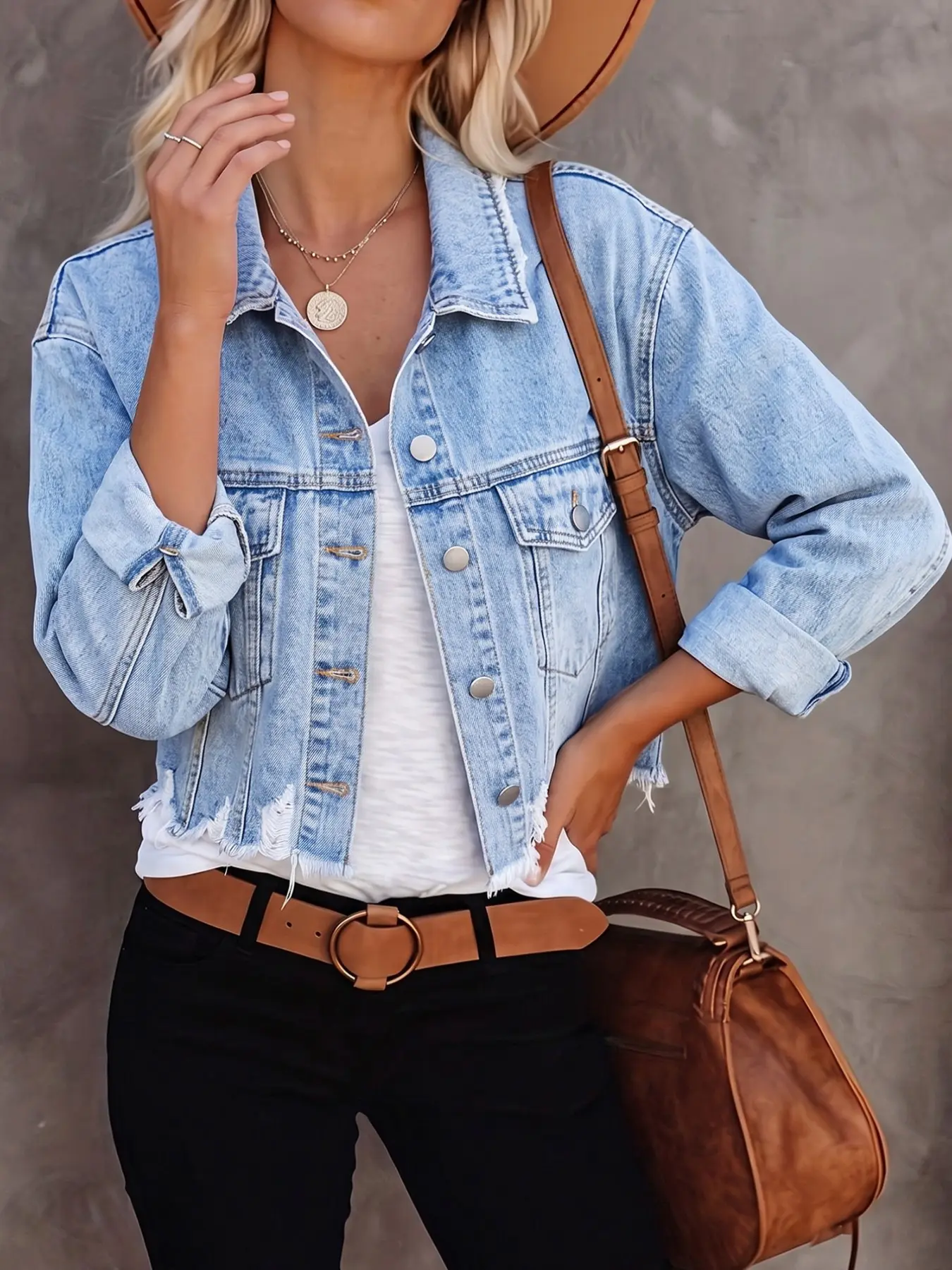 Women's Light Blue Washed Cropped Denim Jacket, Distressed Ripped Frayed Hem, Long Sleeve Y2K Streetwear, Casual for Spring Fall
