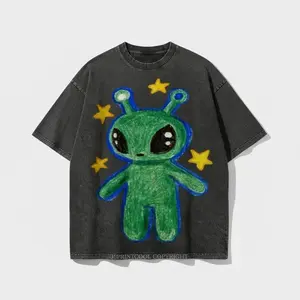 LeoMiles Cute Alien Unisex Vintage Washed Tee, Unisex Vintage Washed Tee, Vintage Coloful Tee - Oversized Shirt - Natural & Animal Planet Unisex Streetwear