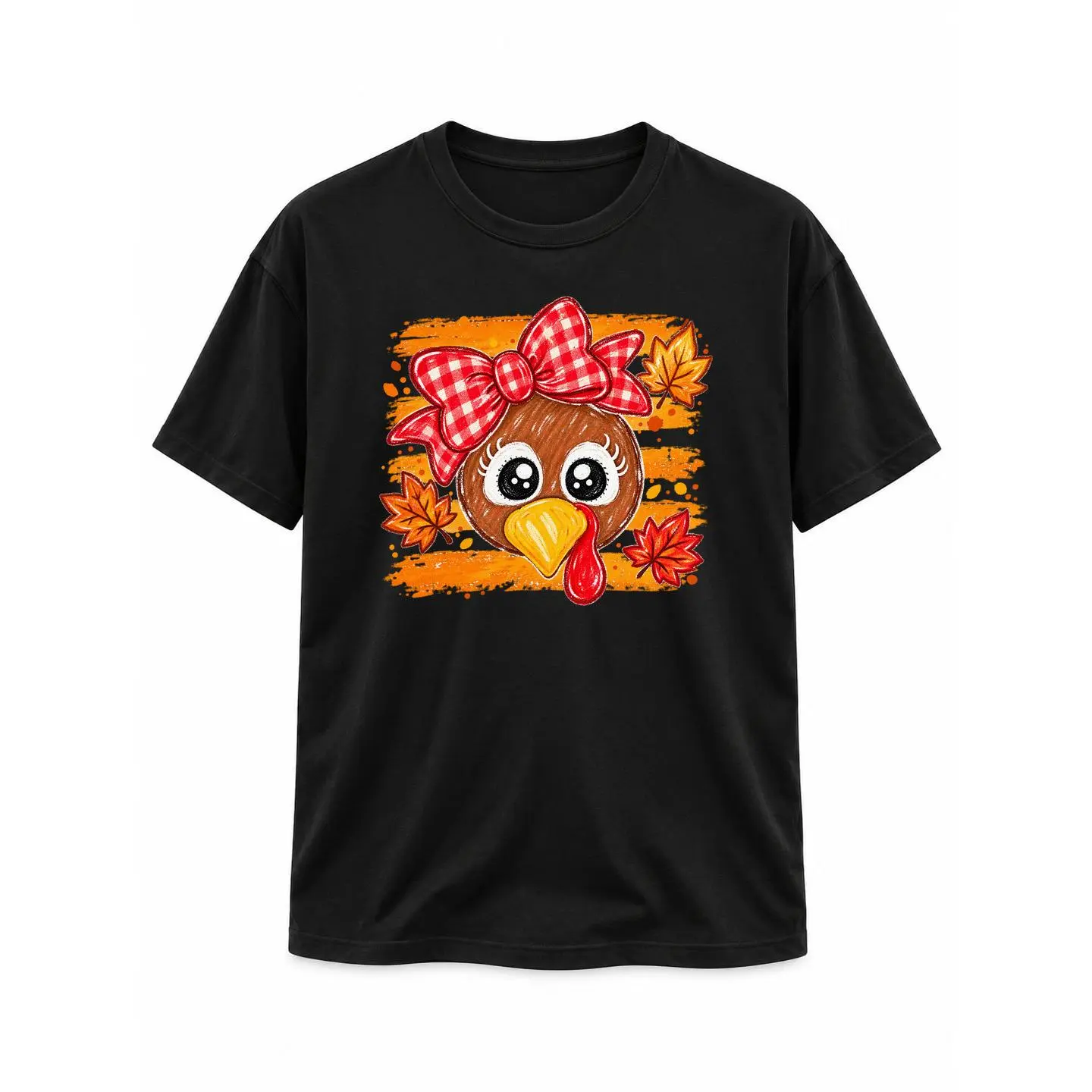 Cute Thanksgiving Turkey Graphic T-Shirt, Coquette Red Gingham Bow Turkey Tee, Adorable Fall Autumn Leaves Shirt, Thanksgiving Day Outfit for Women, Unisex Black Short Sleeve Printed Top