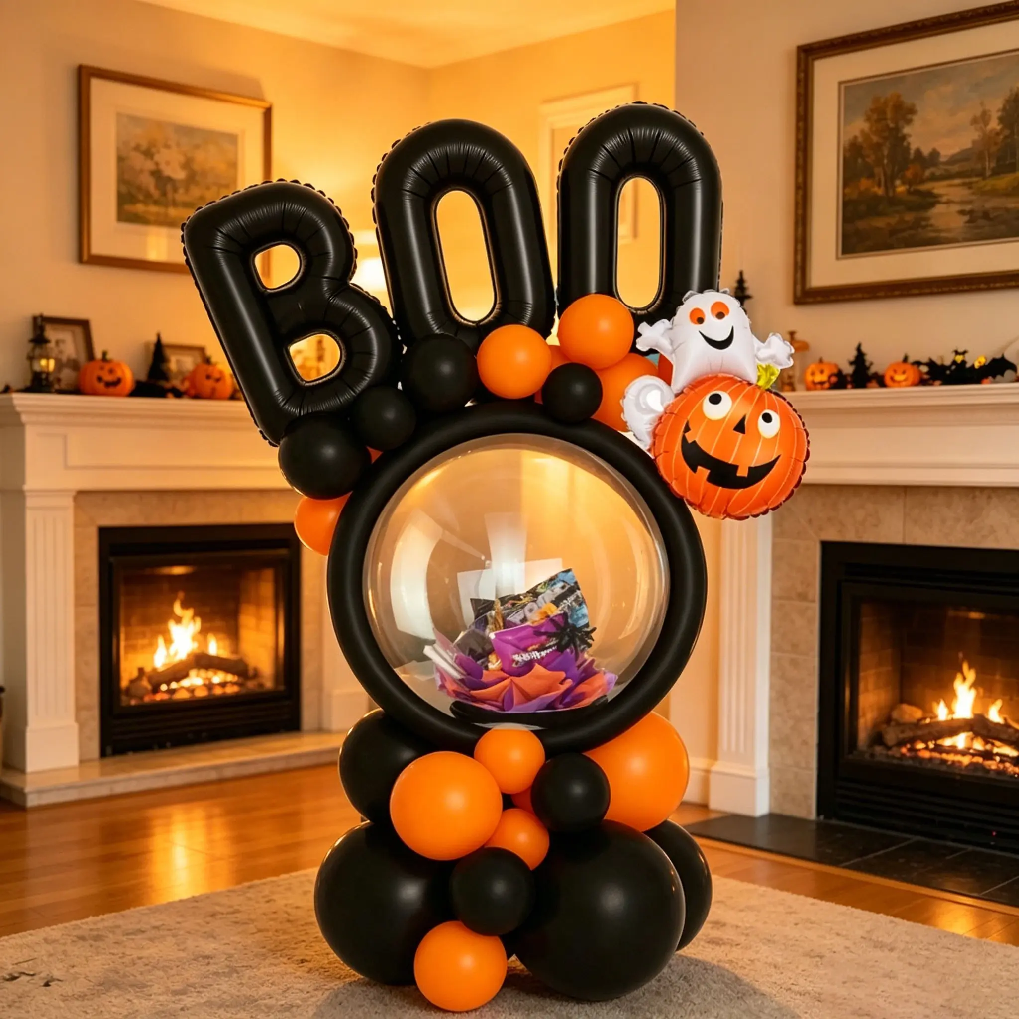 33-piece Halloween ghost and pumpkin column balloon set, including a 16-inch black “BOO” balloon, mini ghost and pumpkin foil balloons, black-and-orange latex balloons, and bubble balloons—ideal for Halloween party decorations, yard or living room ambianc