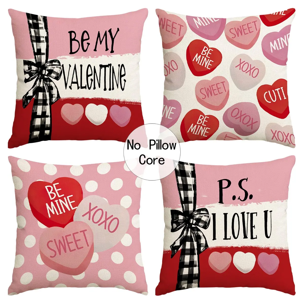 4pcs Valentine's Day Pillow Cover, Red Candy Romantic Sweet Love Bow Printed Cushion Cover 18x18 inches, Valentine's Day, Wedding Anniversary, Wedding, Couple Room Living Room Sofa Bedroom Seat Decoration Pillow Cover (without pillow core)