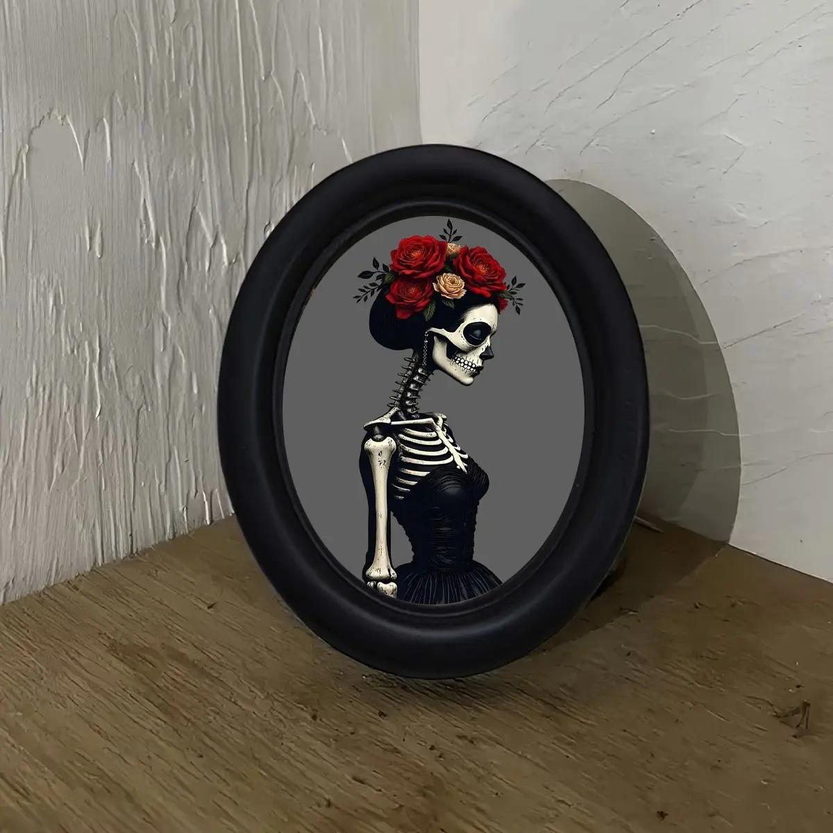 Dark Gothic Rose Skull Lady Art Print, Vintage Oval Frame, Halloween Framed Home Decor, Wall Hanging for Office, Corridor Wall Art, Christmas, Thanksgiving