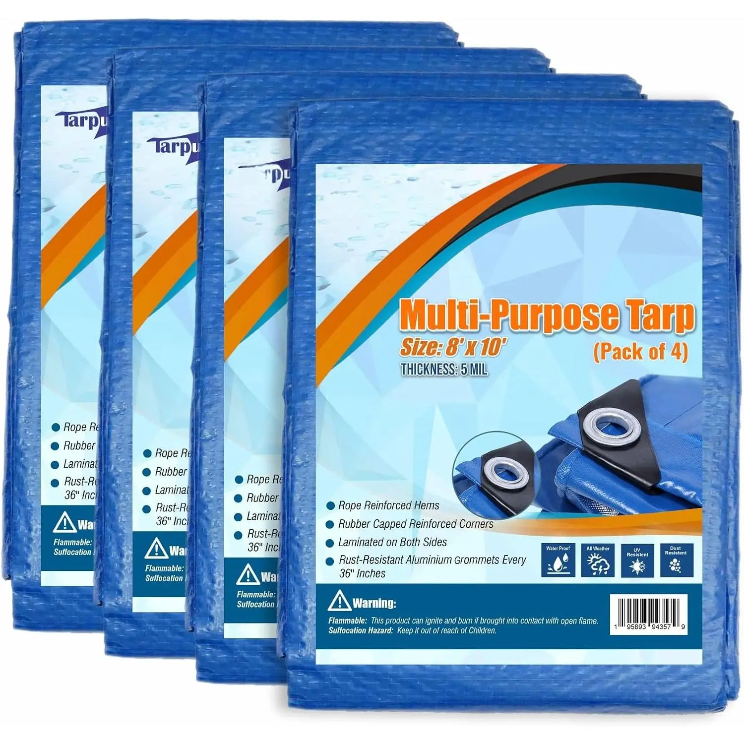 Blue Tarp Pack of 4 Tarps Heavy Duty  8x10 Large Multipurpose Poly Outdoor Tarps Cover 5 Mil Thickness Blue Tarpaulin Reinforced  Resistant Rubber Edges With  Grommets