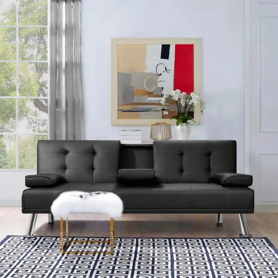 Flamaker Modern Faux Leather Convertible Futon With Cup Holders & Pillows