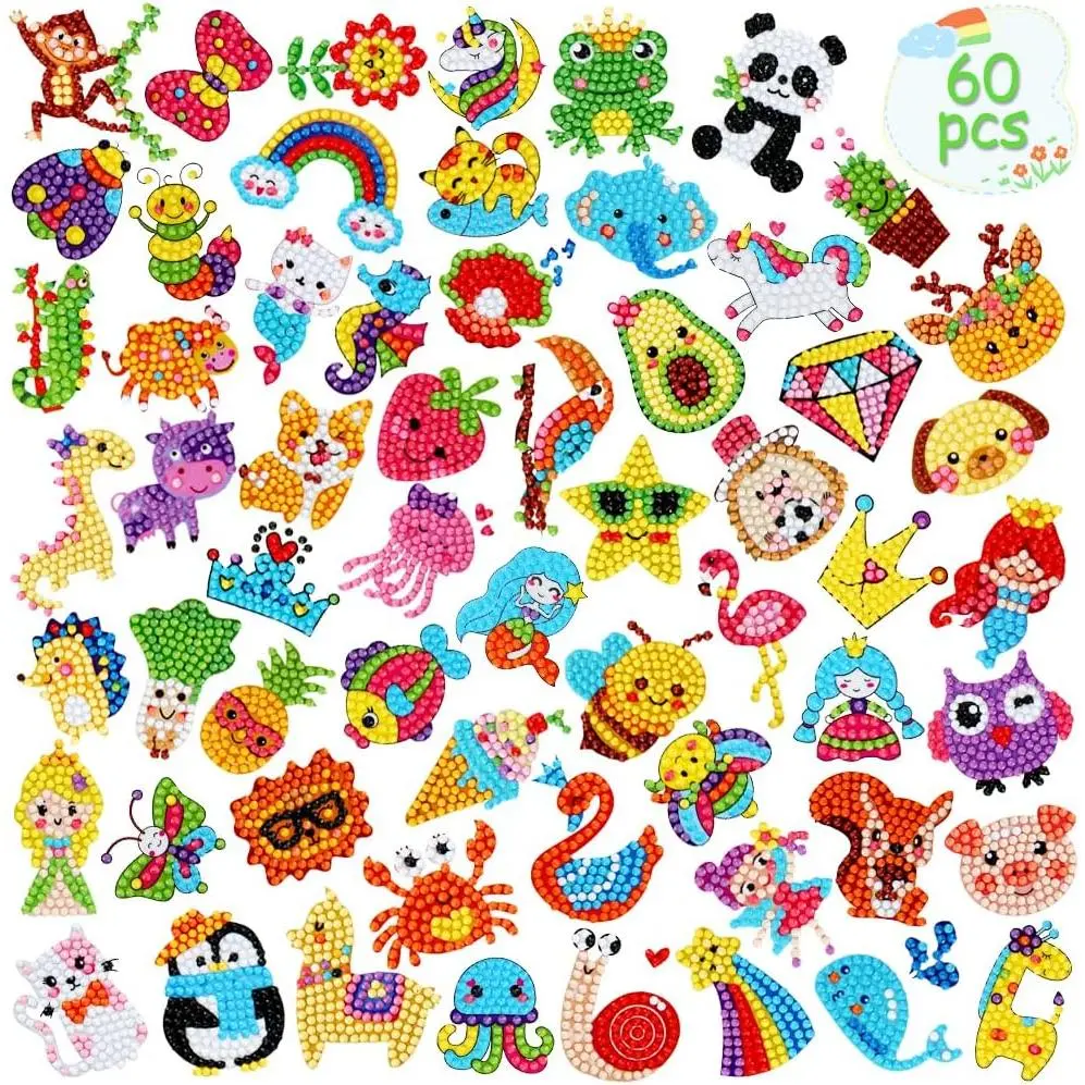 60pcs 5D Diamond Art Stickers Arts and Crafts Creative Gem Art Paint by Number Kits for Kids Ages 4-6 6-8 8-12 Boys Girls DIY Mosaic Stickers Toys for Birthday Party Halloween Christmas Giftsfidget toys