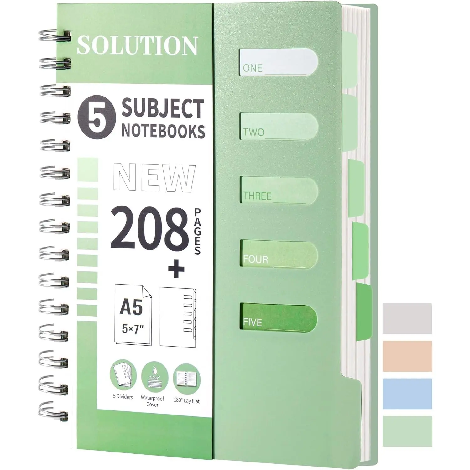 5 Subject Spiral Notebook College Ruled with Dividers & Tabs,5x7,Green | 208 Pages,80GSM Thick Paper,  Plastic Cover,Small Notebook for School, Homework, Students