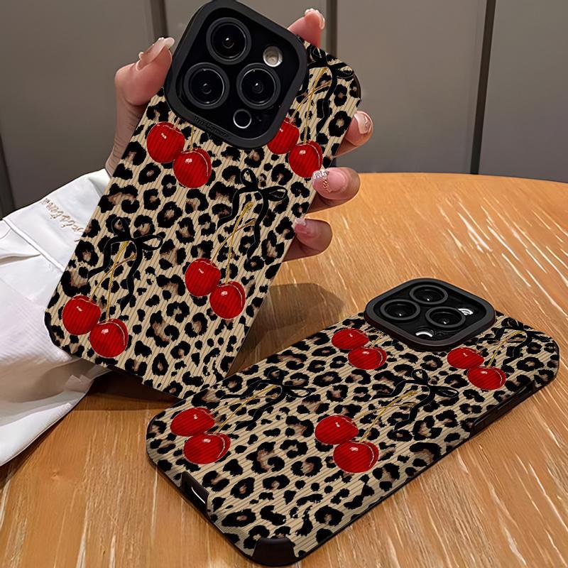 Bowknot Leopard Cherry Pattern Design Shockproof Slim Phone Case, Compatible with iPhone 16/15/14/13/12/11/Plus/Pro Max, Stylish and Perfect Gift for Friends and Lovers