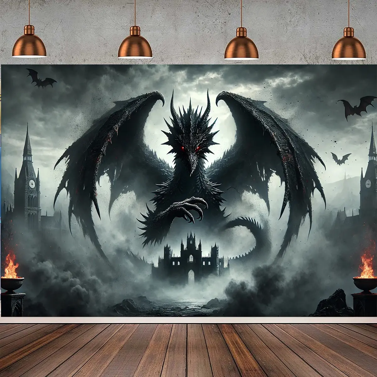 Flat Banner Featuring a Majestic Black Dragon Roaring Tapestry - Designed with a Gothic Castle And Fiery Sky, This Reusable Polyester Wall Hanging Is Suitable for Living Rooms, Gardens, Party Decorations