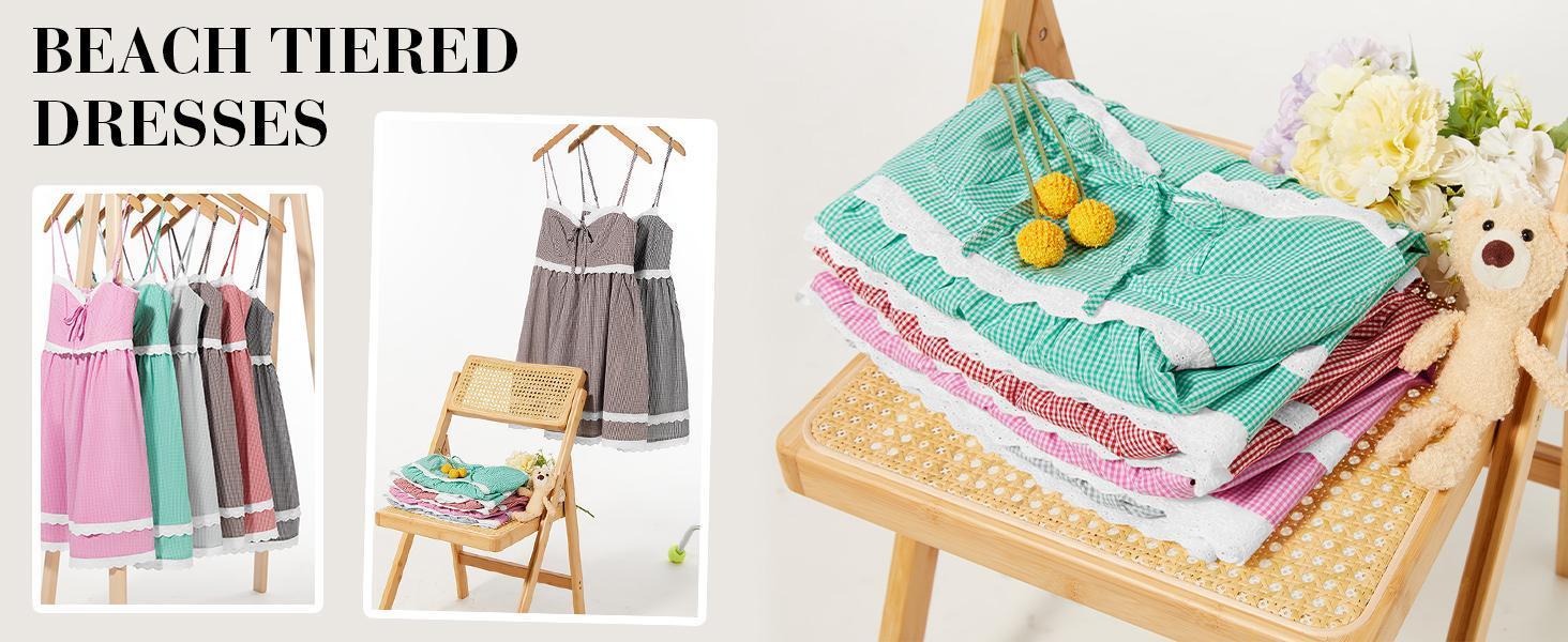 Imily Bela  Womens Cute Plaid A-line Summer Beach Dresses Spaghetti Straps Ruffle Hem Casual Mini Dress with Side Pocket