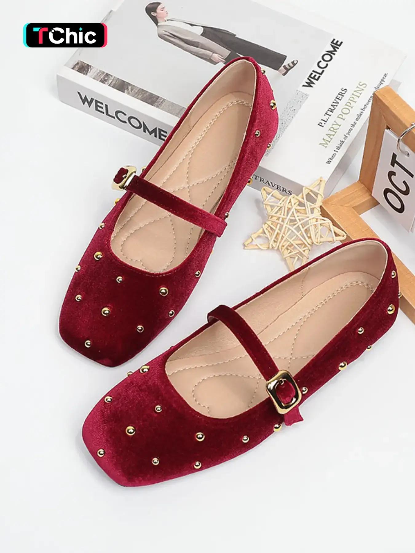 Women's Flat Ballet Mary Jane Shoes, Wine Square Toe Mushroom Nails Metal Decor, Fashion Casual Comfortable Walking Shoes