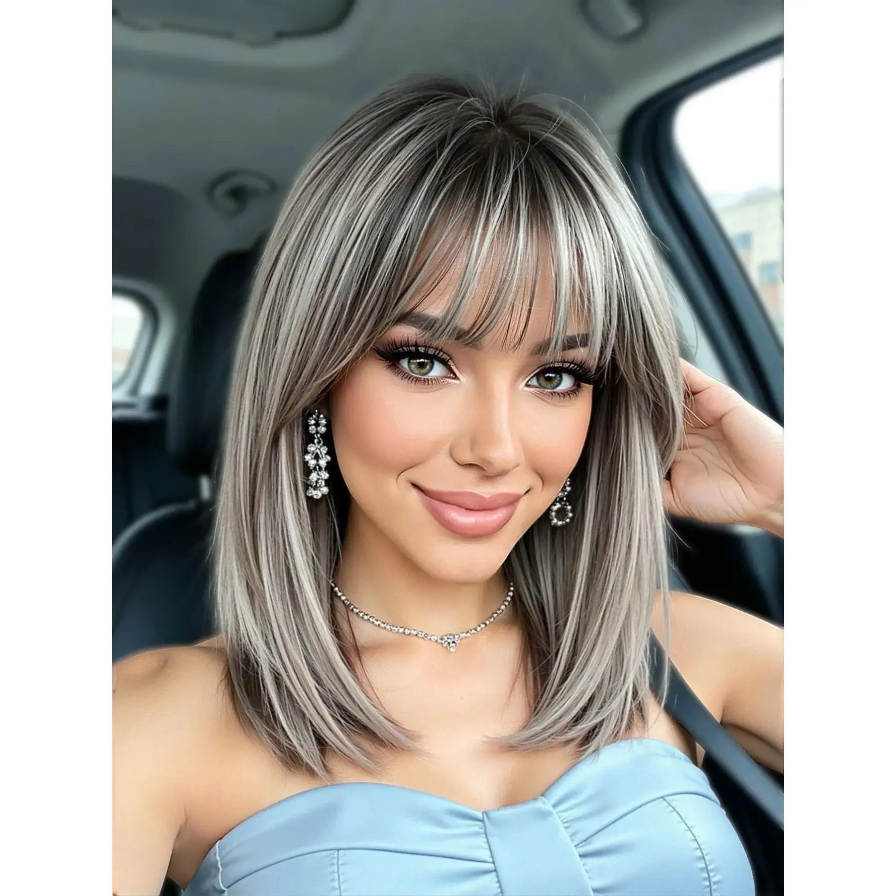 14-inch Gradient Bangs Bob Wig, Natural Straight Synthetic Hair, Heat-resistant Material, Daily Wear for Women, Natural Looking Wig, Synthetic Ombre Wig