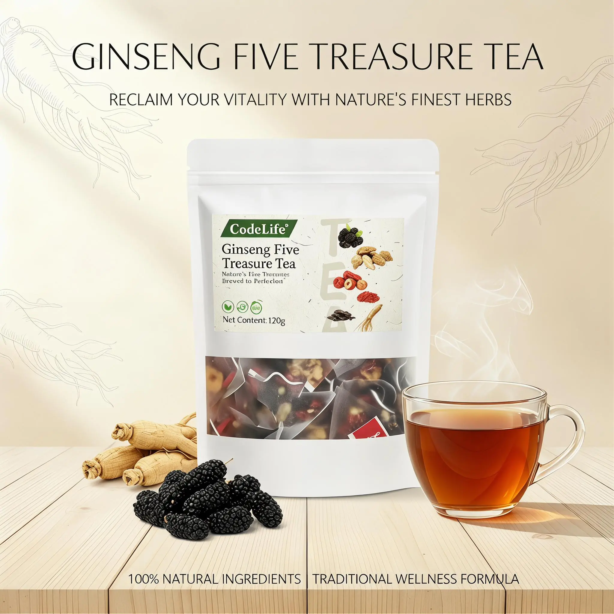 Men Wellness Scented Tea, Traditional Ginseng Five Treasure Formula with Red Date, Wolfberry and Mulberry