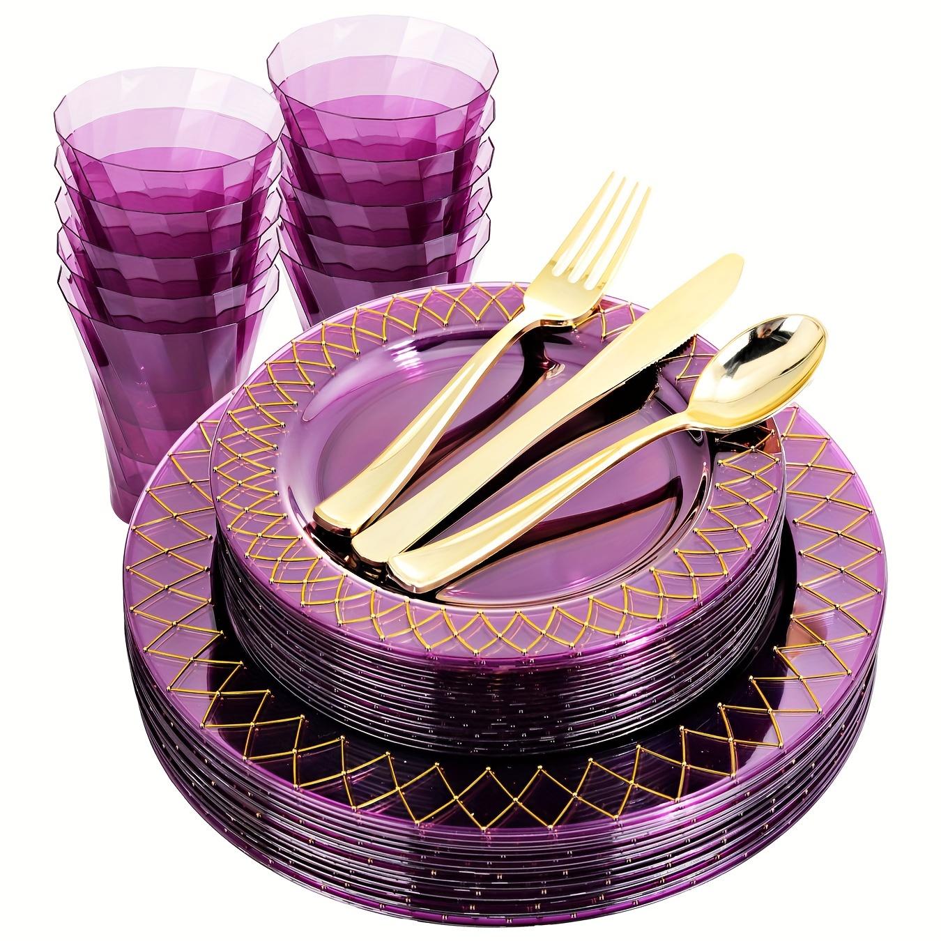 120 Purple Plastic Plates With Disposable Silverware& Cups - Purple Plastic Tableware Include 40 Purple Plastic Plates, 20 Purple Cups, 20 Plastic Utensils Set-Ideal For Partie