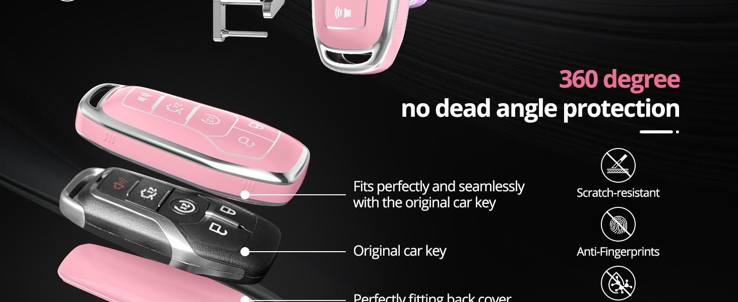 For Ford Key Fob Cover with Keychain.No Screws Required for Installation. Compatible with Ford Fion Mtang F150 Edge Explorer And Lincoln MKZ MKC MKX(Sakura Pink, Model 2)