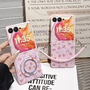 PU leather gold-embossed strawberry pattern magnetic protective phone case, supports wireless charging, hard PC back panel protects the phone. Suitable for Motorola Razr 2024, Razr 2025, Razr 2026, Razr 50 60 70 Ultra