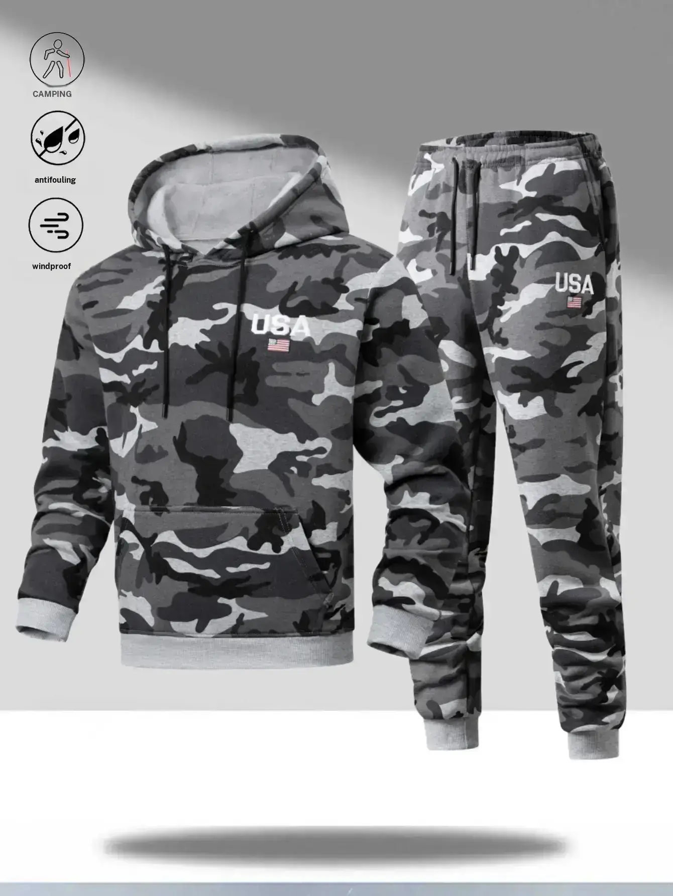 Men's Military Green 2-Piece Polyester Knit Camouflage Casual Outdoor Activewear Set - Long Drawstring Hoodie, Long Jogger Pants, Fitted Cut, USA Letters, Small Flag Prints, Large Gear Pocket, Machine Washable, No Normal Type, Outdoor Wear