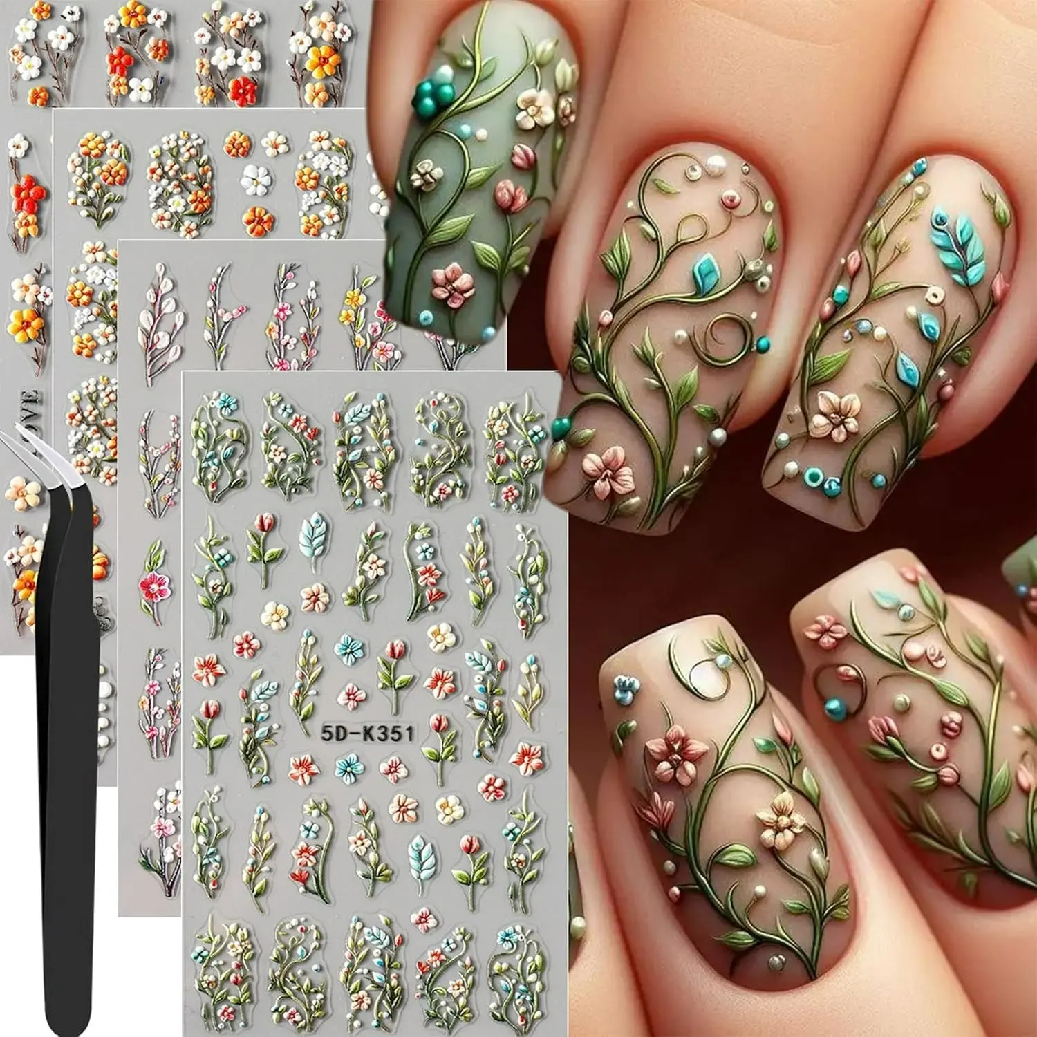 4 Sheets 5D Embossed Flower Nail Stickers with Tweezers, for Nail Art Green Vine Leaf Stickers, Colorful Petal 5D Embossed Daisy Floral Nail Decals for Women Nails Decoration, DIY Nail Art